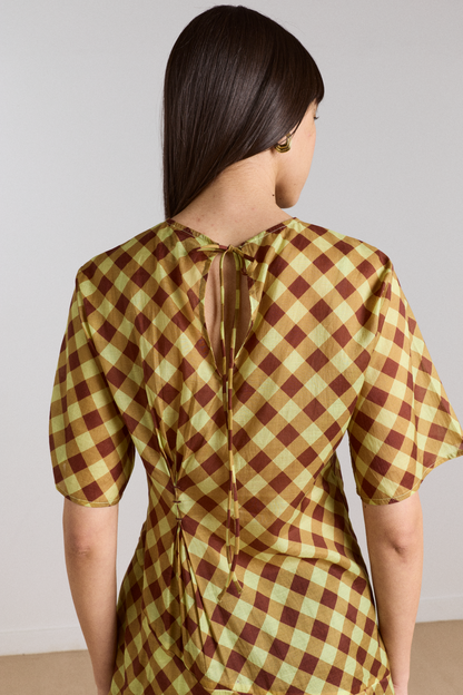 Harmony Sheer Midi Dress - Choc Avo Gingham