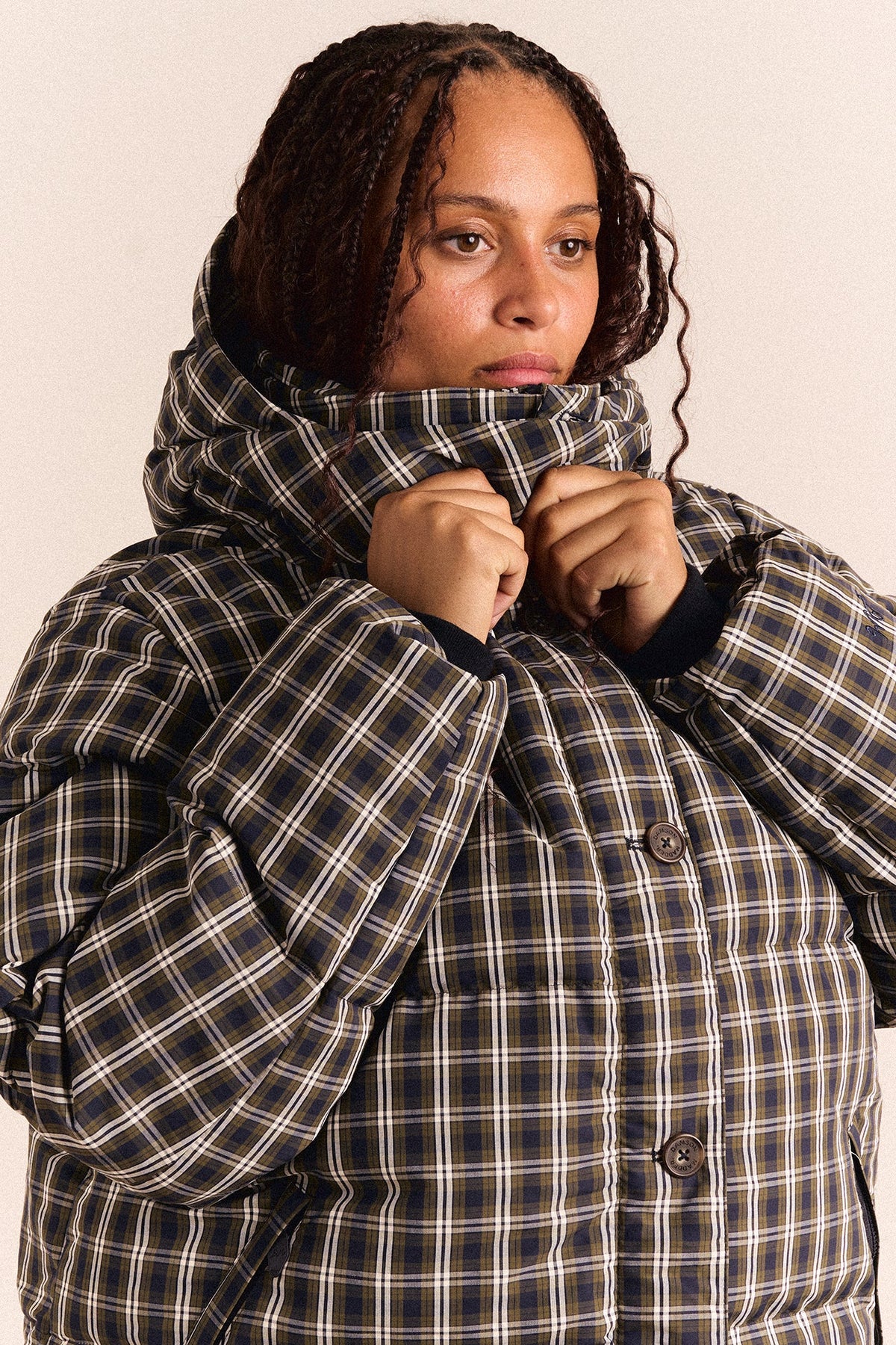 Pearl Hooded Puffer - Navy & Green Check